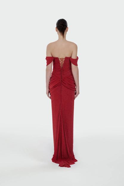 Shimmer Draped Off-Shoulder Evening Dress – 1387