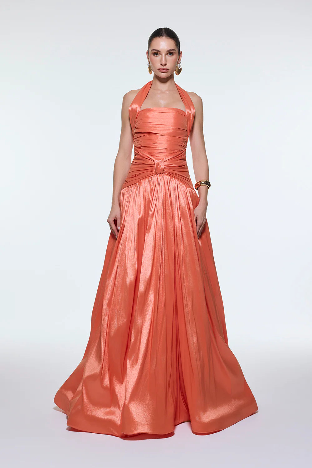 BOYUNDA ASKILI DRAPELİ TAFTA UZUN ABİYE ELBİSE - 9280C