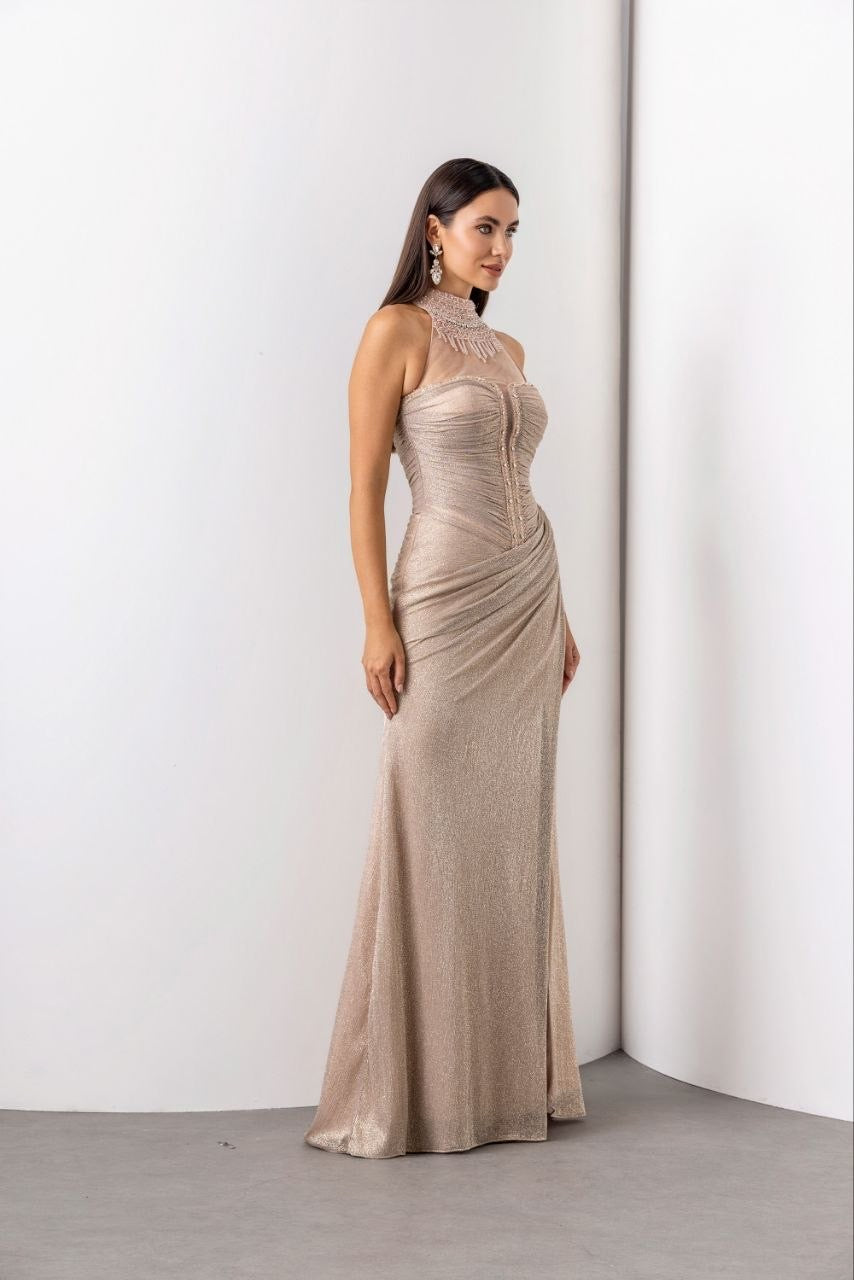 Pearl-Embellished Shimmer Evening Gown with Side Slit