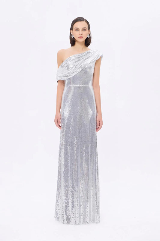 9305C Asymmetric Neckline Long Sequin Evening Dress