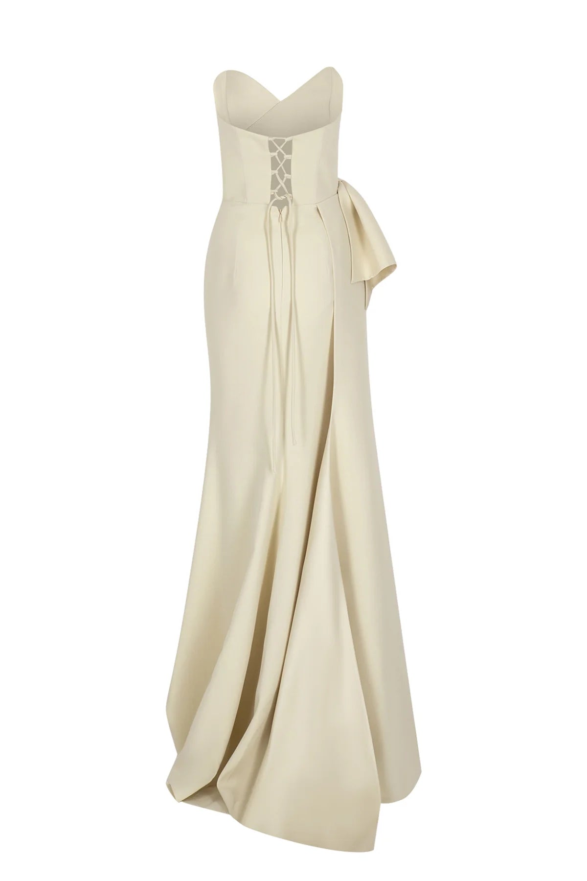 BELİ FİYONKLU STRAPLEZ YIRTMAÇLI ABİYE ELBİSE