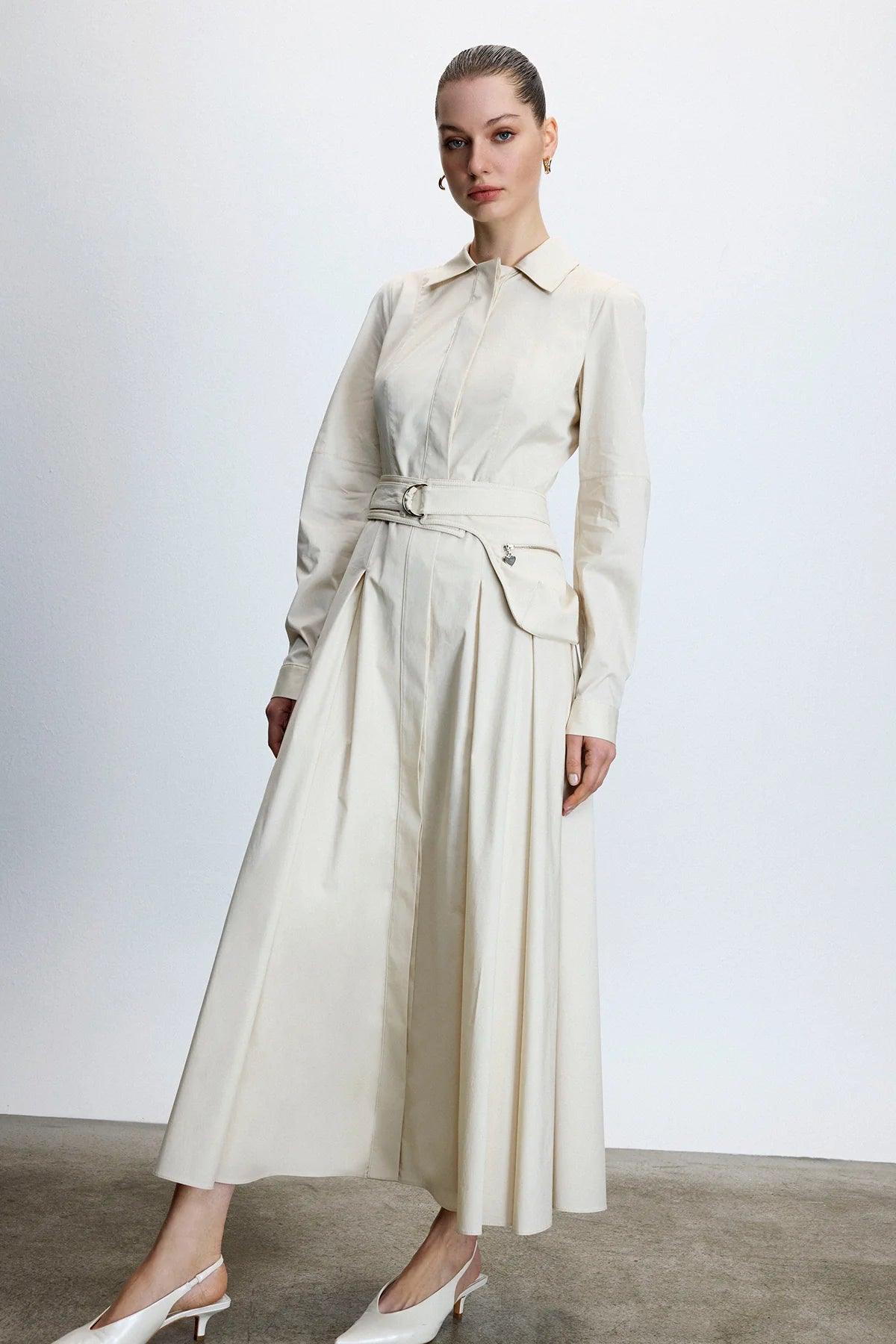 GÖMLEK YAKA BEL KUŞAKLI MİDİ ELBİSE9117