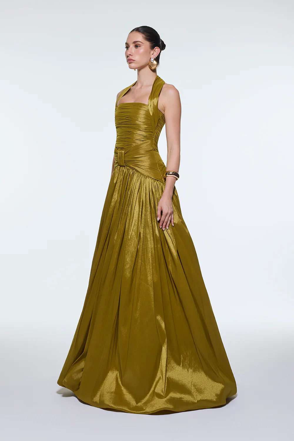 BOYUNDA ASKILI DRAPELİ TAFTA UZUN ABİYE ELBİSE - 9280C