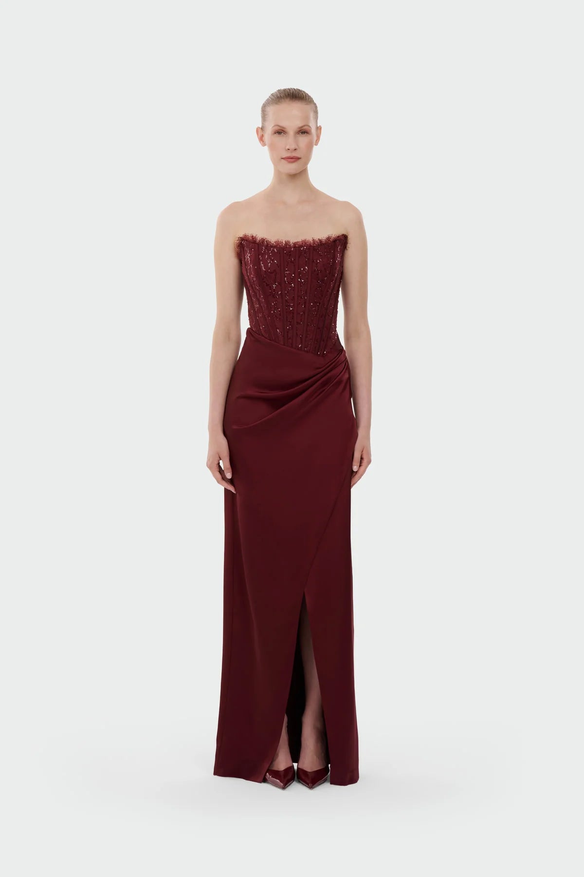 STRAPLEZ DRAPELİ YIRTMAÇLI ABİYE ELBİSE 1372