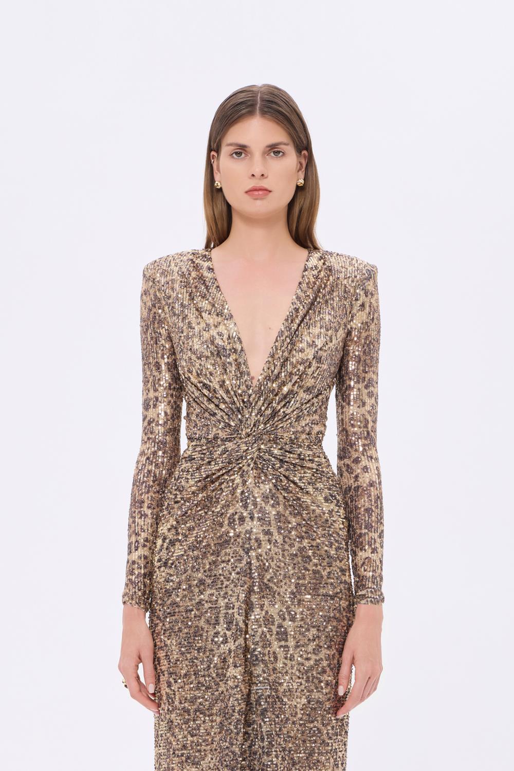 LEOPAR DESENLİ PAYET V YAKA UZUN ABİYE ELBİSE - 9333C