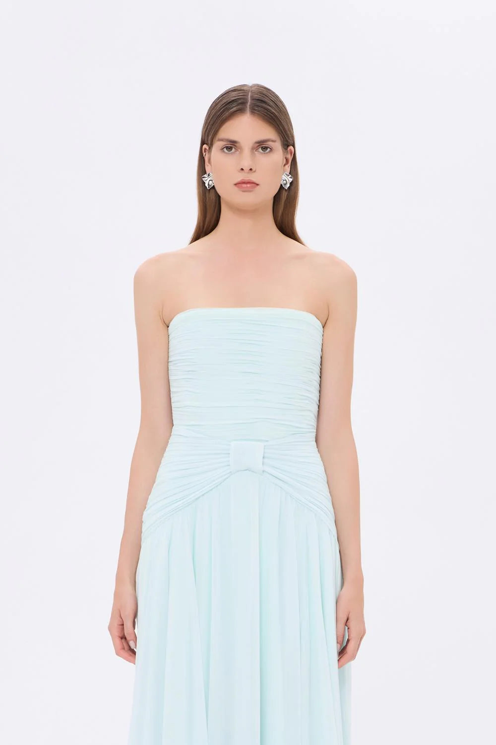 STRAPLEZ YAKA BEL DRAPELİ ŞİFON UZUN ABİYE ELBİSE - 9288C