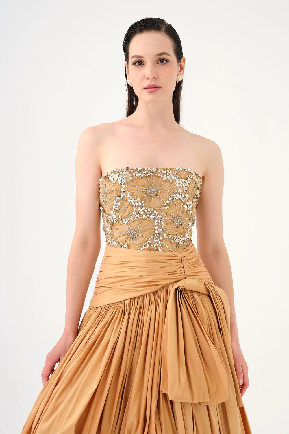 TAŞ İŞLEMELİ YIRTMAÇLI TAFTA UZUN ABİYE ELBİSE - 9107C