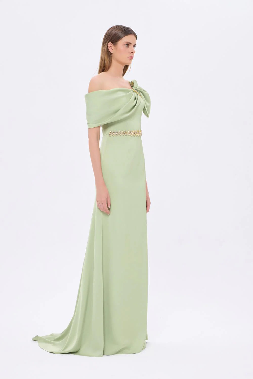 TAŞ İŞLEMELİ KEMER DETAYLI UZUN ABİYE ELBİSE - 9294C