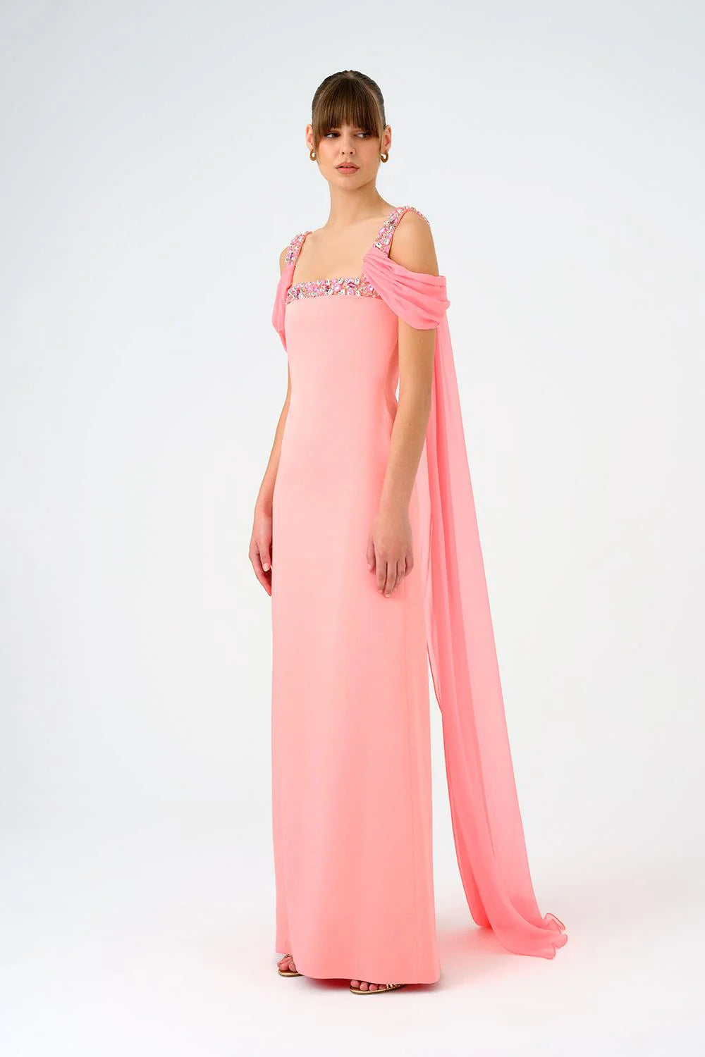 ŞİFON PELERİNLİ TAŞ İŞLEMELİ ASKILI UZUN ABİYE ELBİSE - 9053C