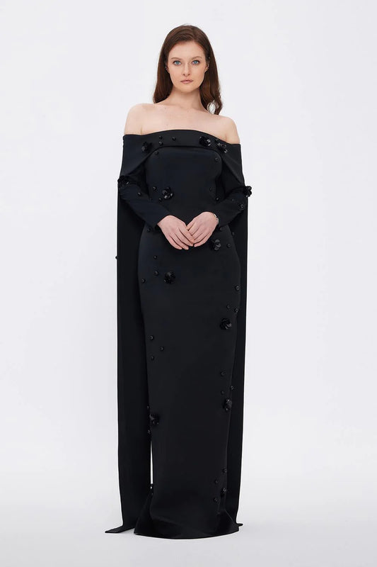 KAYIK YAKA AKSESUAR DETAYLI UZUN ABİYE ELBİSE - 01026C