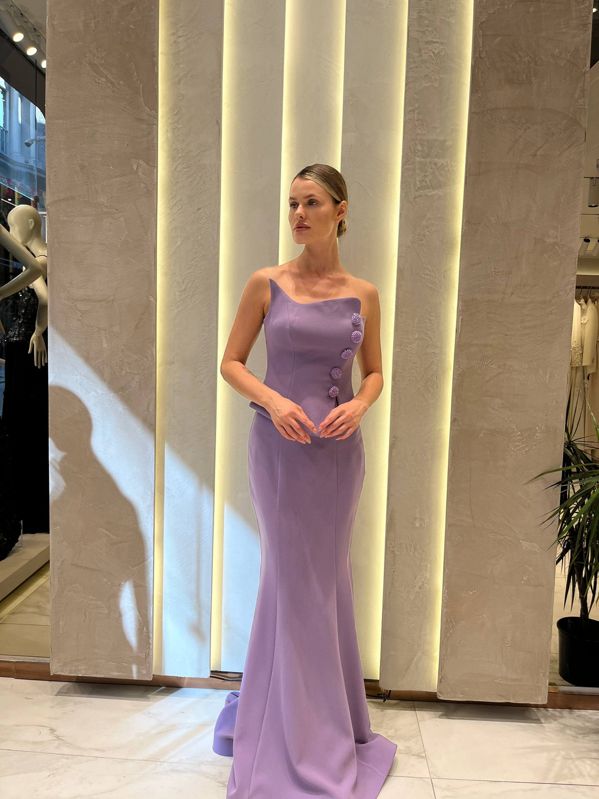 Lilac Mermaid Evening Gown with Crystal Buttons