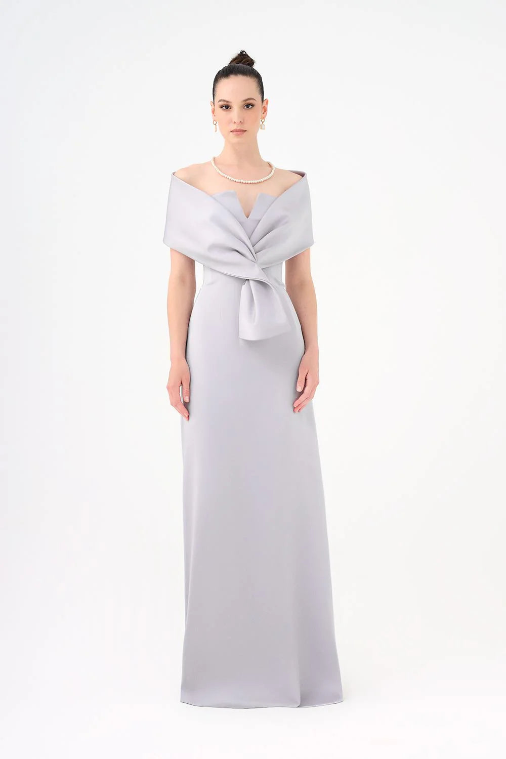 ŞALLI STRAPLEZ YAKA SATEN UZUN ABİYE ELBİSE - 9056C