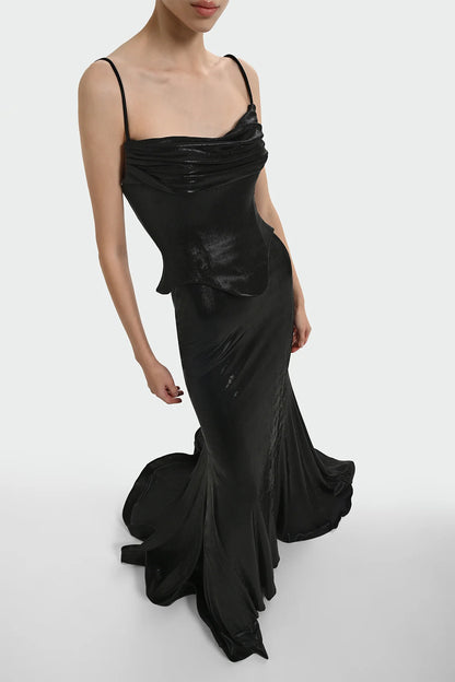 İNCE ASKILI DRAPE DETAYLI ABİYE ELBİSE 1365