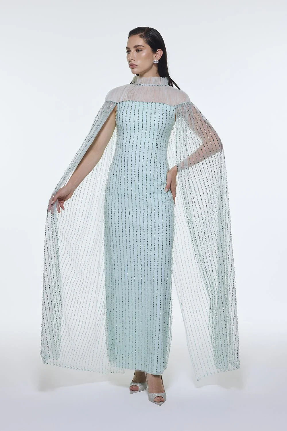 DİK YAKA TAŞ İŞLEMELİ TÜL UZUN ABİYE ELBİSE - 9400C