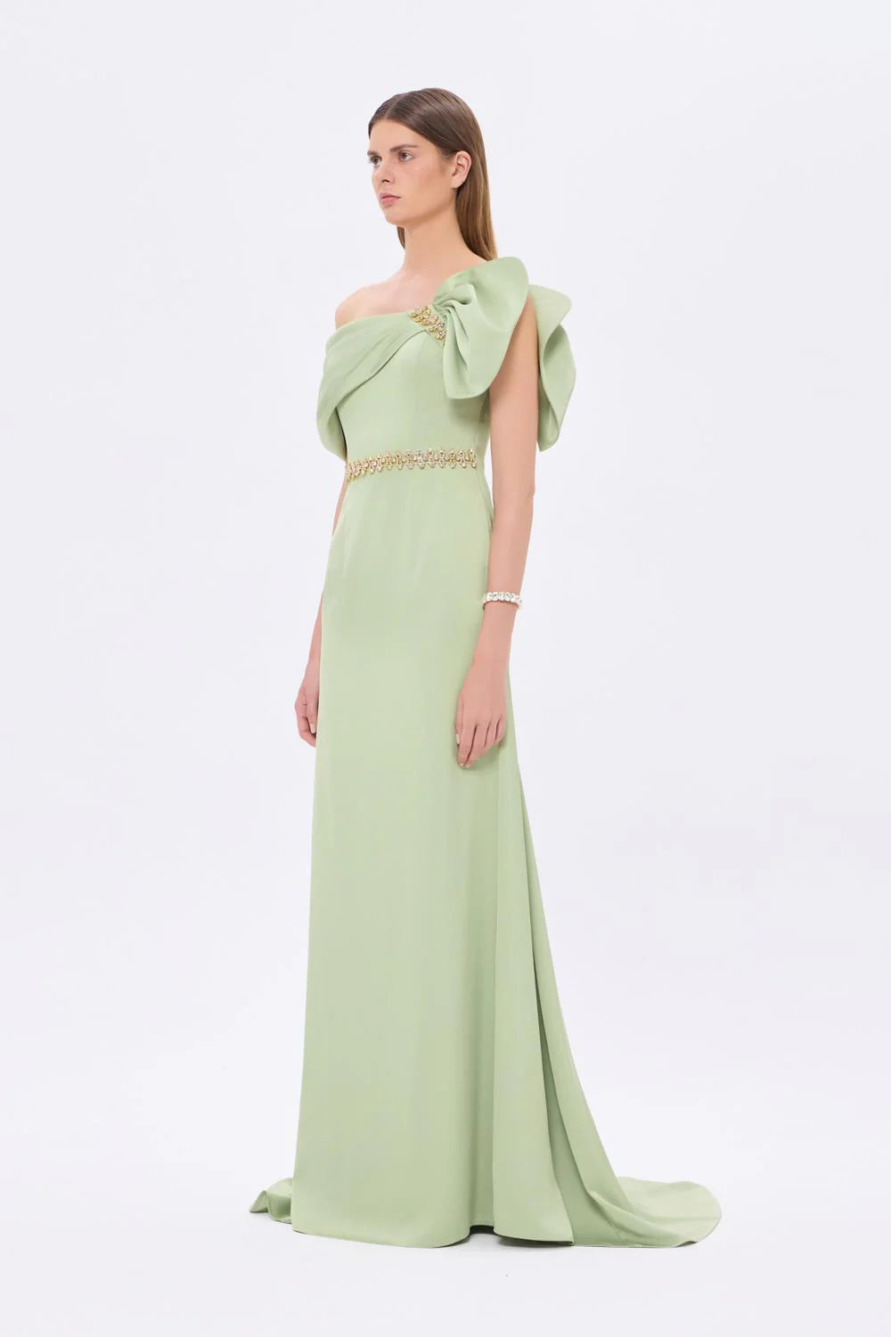 TAŞ İŞLEMELİ KEMER DETAYLI UZUN ABİYE ELBİSE - 9294C