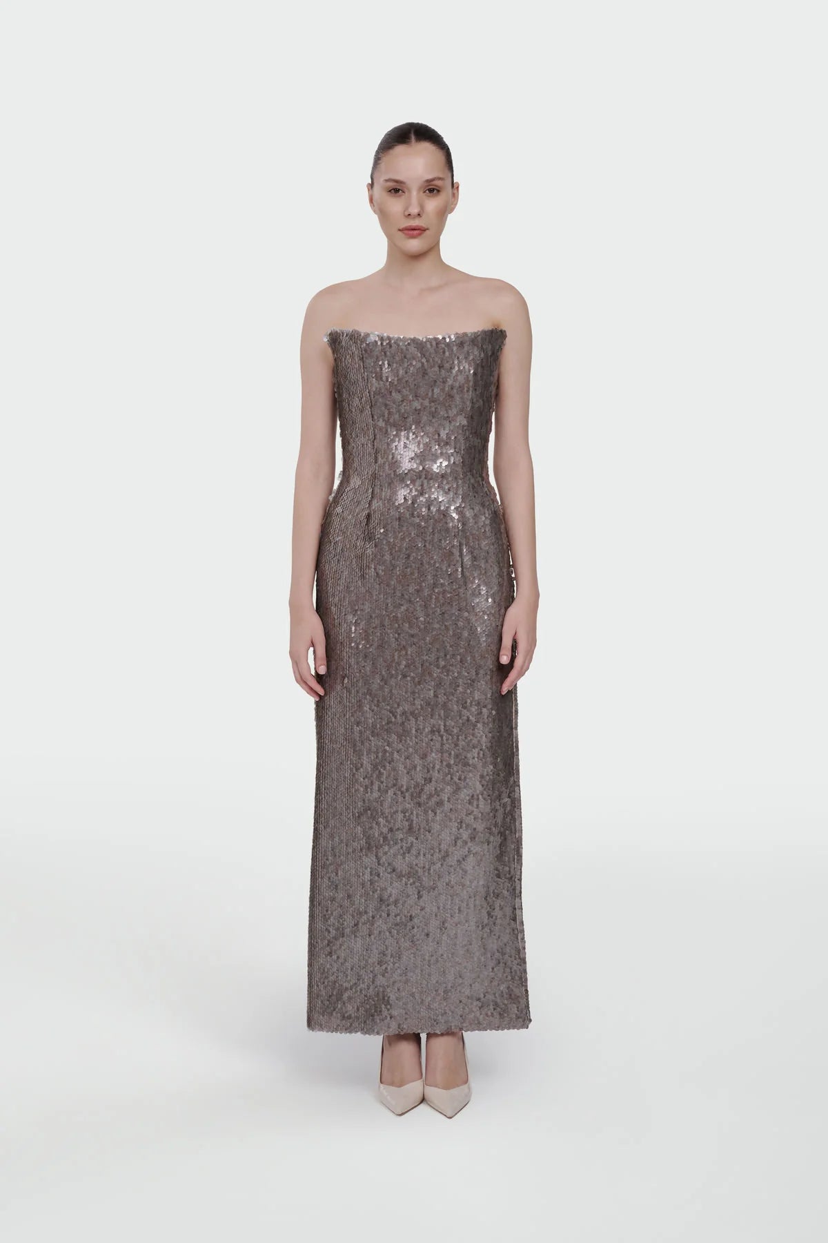 PUL PAYETLİ STRAPLEZ ABİYE ELBİSE 1380