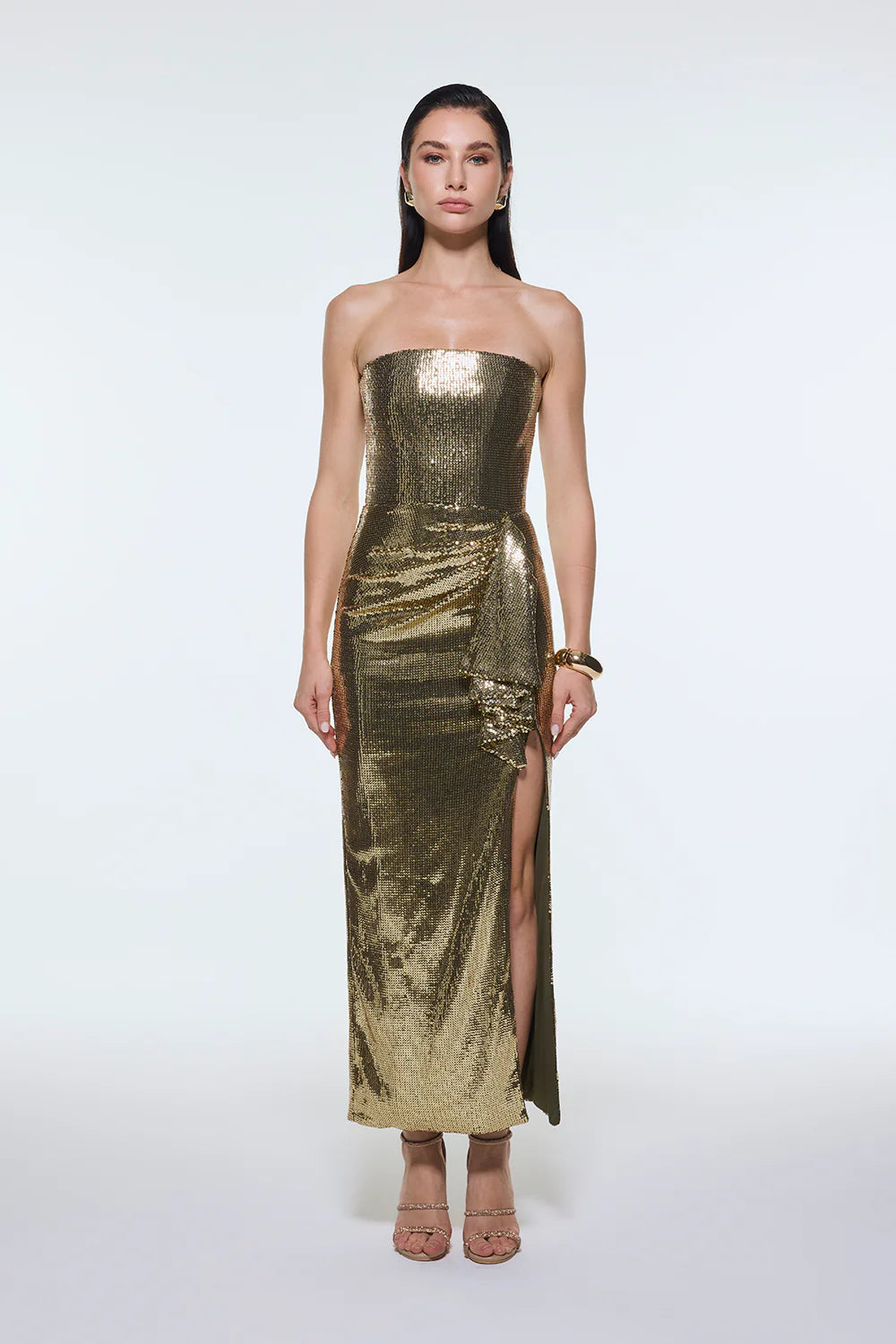 BEL DRAPE DETAYLI STRAPLEZ MİDİ ABİYE ELBİSE - 9295C