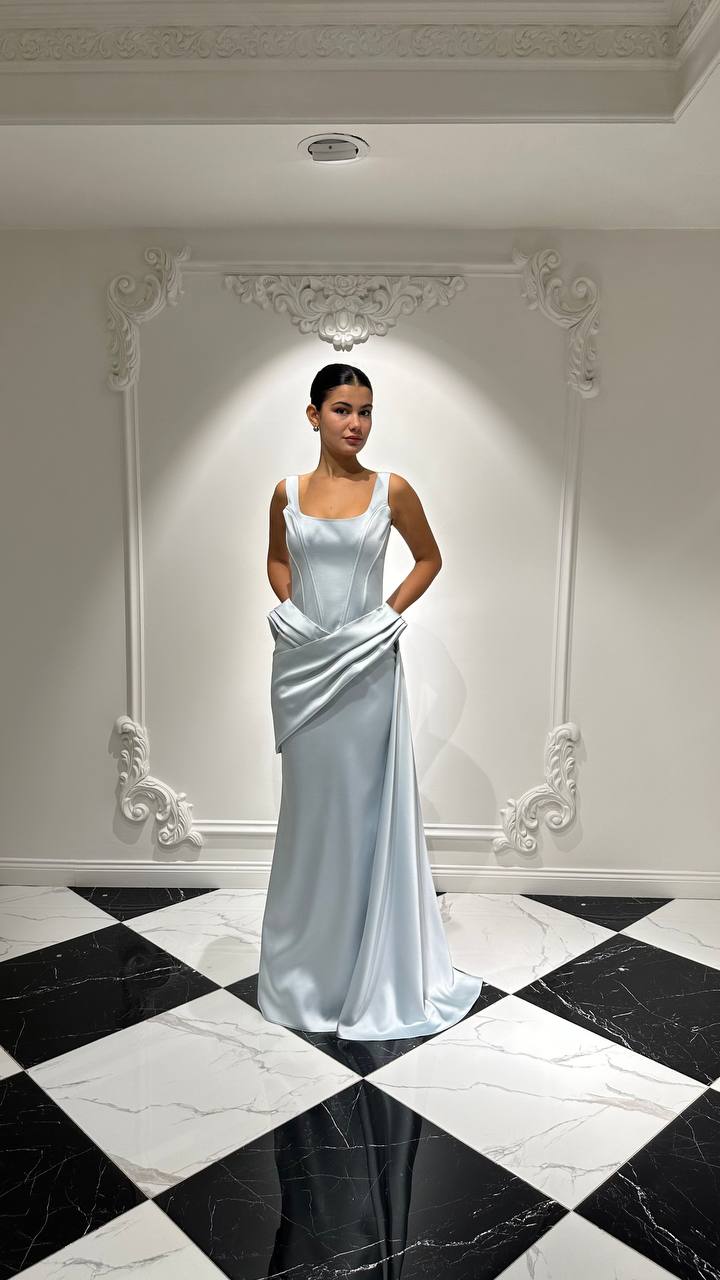 KARE YAKA VE DRAPELİ BEL DETAYLI BALIK ABİYE ELBİSE 2104