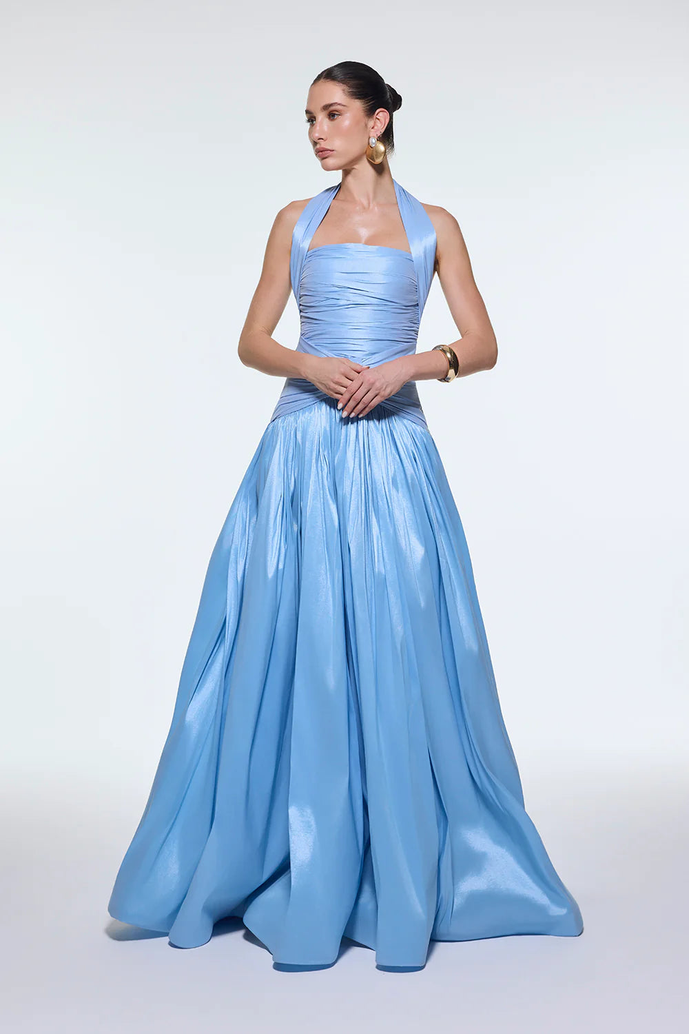 BOYUNDA ASKILI DRAPELİ TAFTA UZUN ABİYE ELBİSE - 9280C