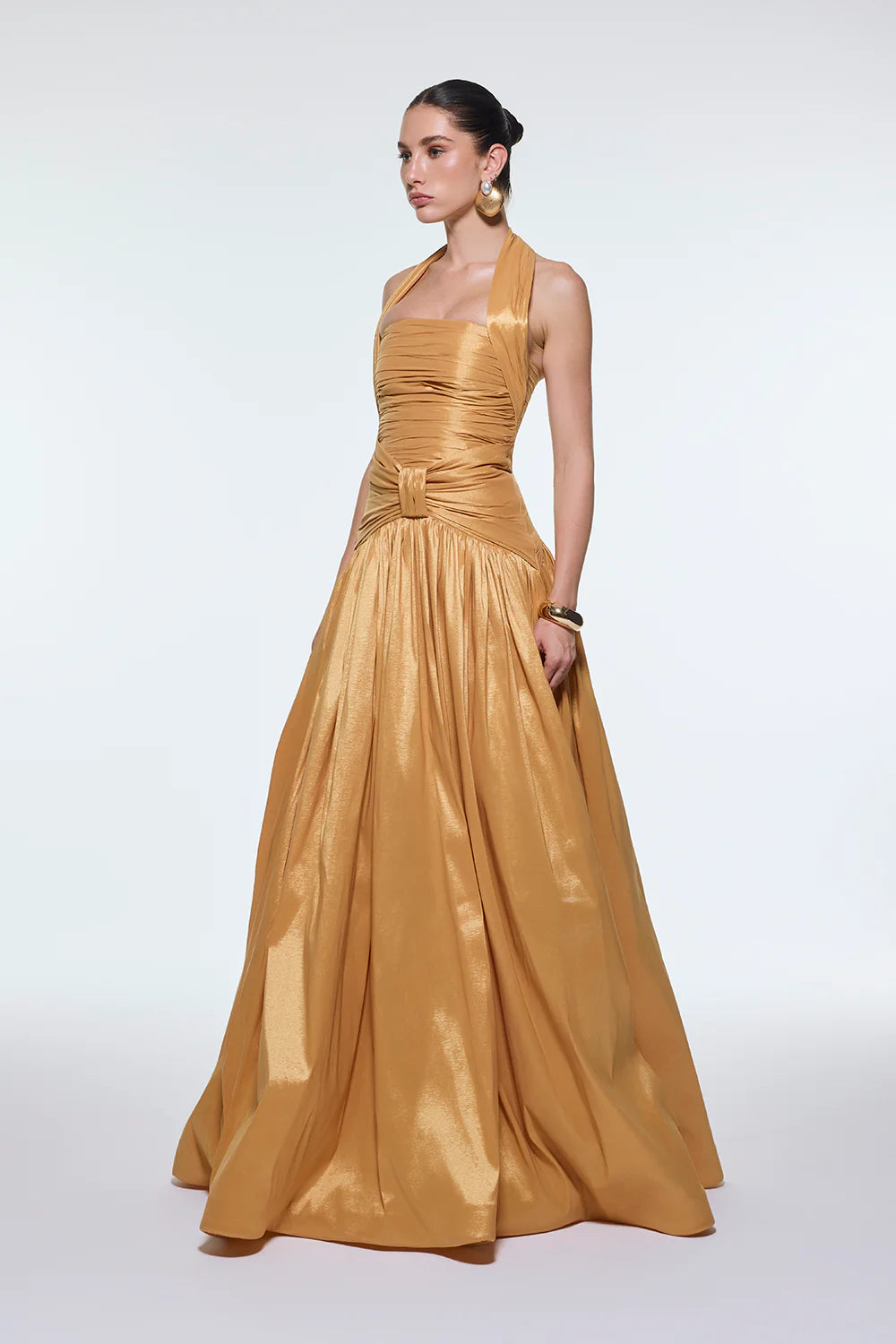 BOYUNDA ASKILI DRAPELİ TAFTA UZUN ABİYE ELBİSE - 9280C