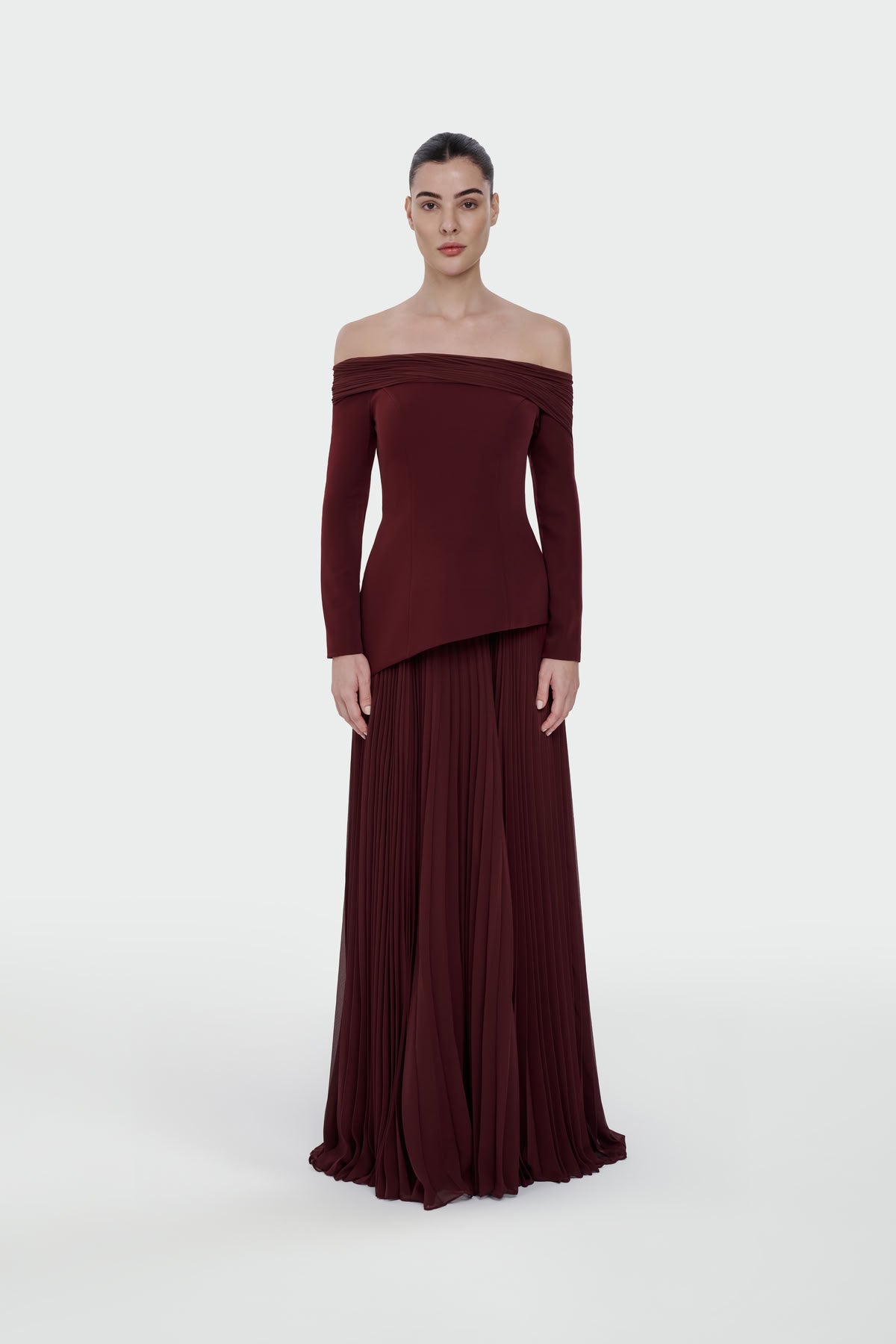 Off-Shoulder Pleated Maxi Dress 1308 )
