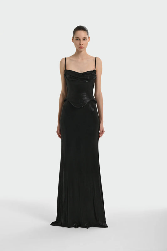 İNCE ASKILI DRAPE DETAYLI ABİYE ELBİSE