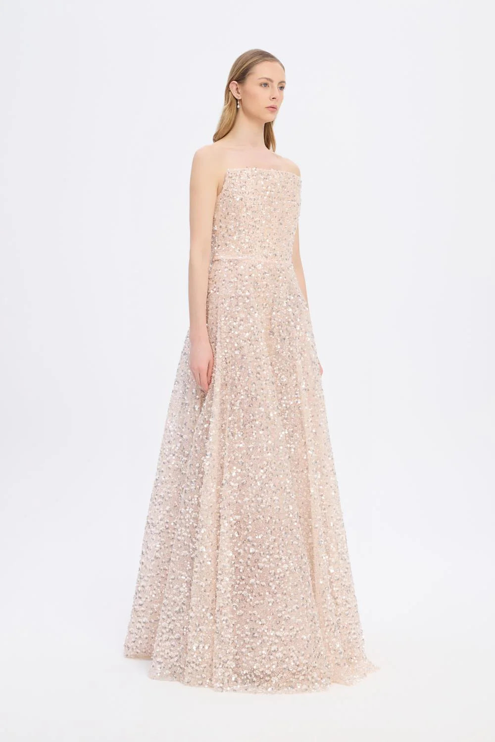 PAYET İŞLEMELİ STRAPLEZ UZUN ABİYE ELBİSE - 9331C