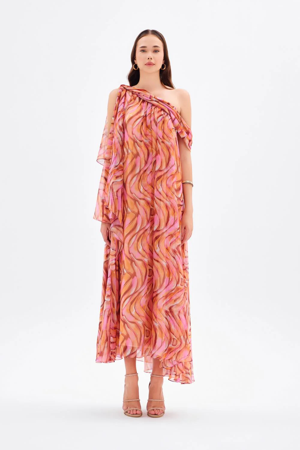 DÜŞÜK OMUZLU ŞİFON MİDİ ABİYE ELBİSE - 9081C