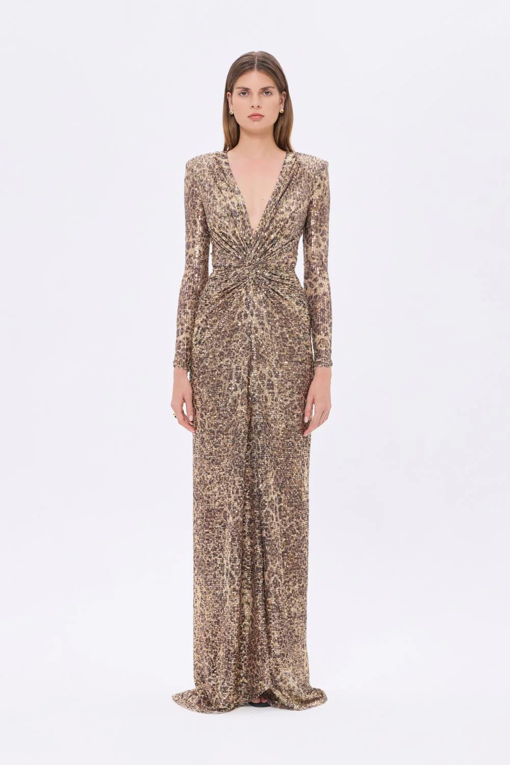 LEOPAR DESENLİ PAYET V YAKA UZUN ABİYE ELBİSE - 9333C