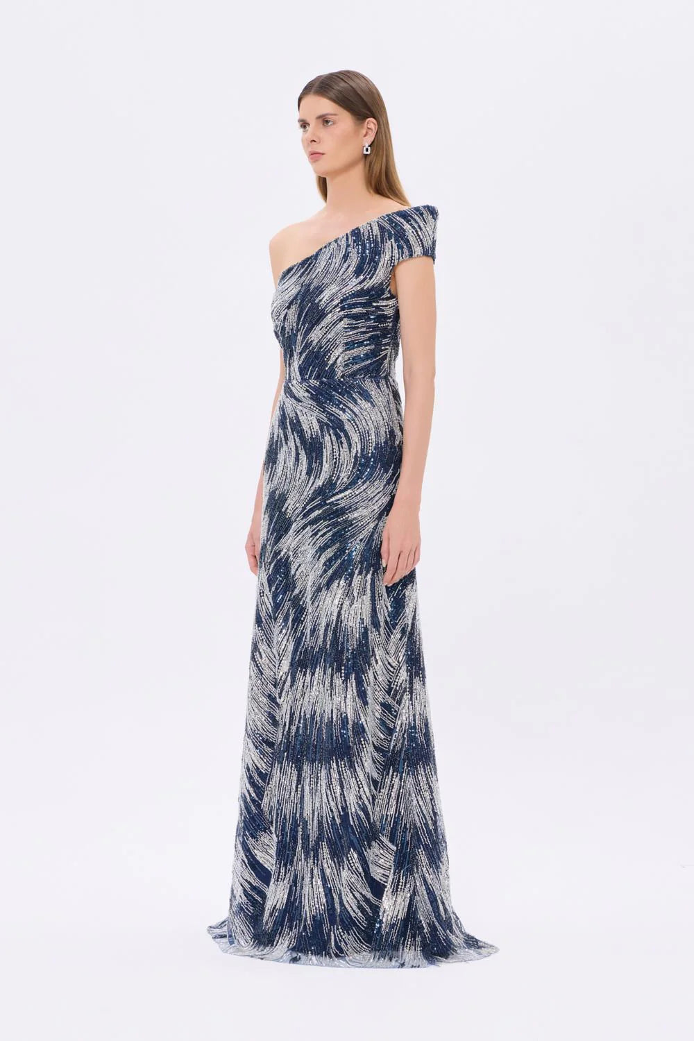 9354C Taş İşlemeli Tek Omuzlu Uzun Abiye Elbise