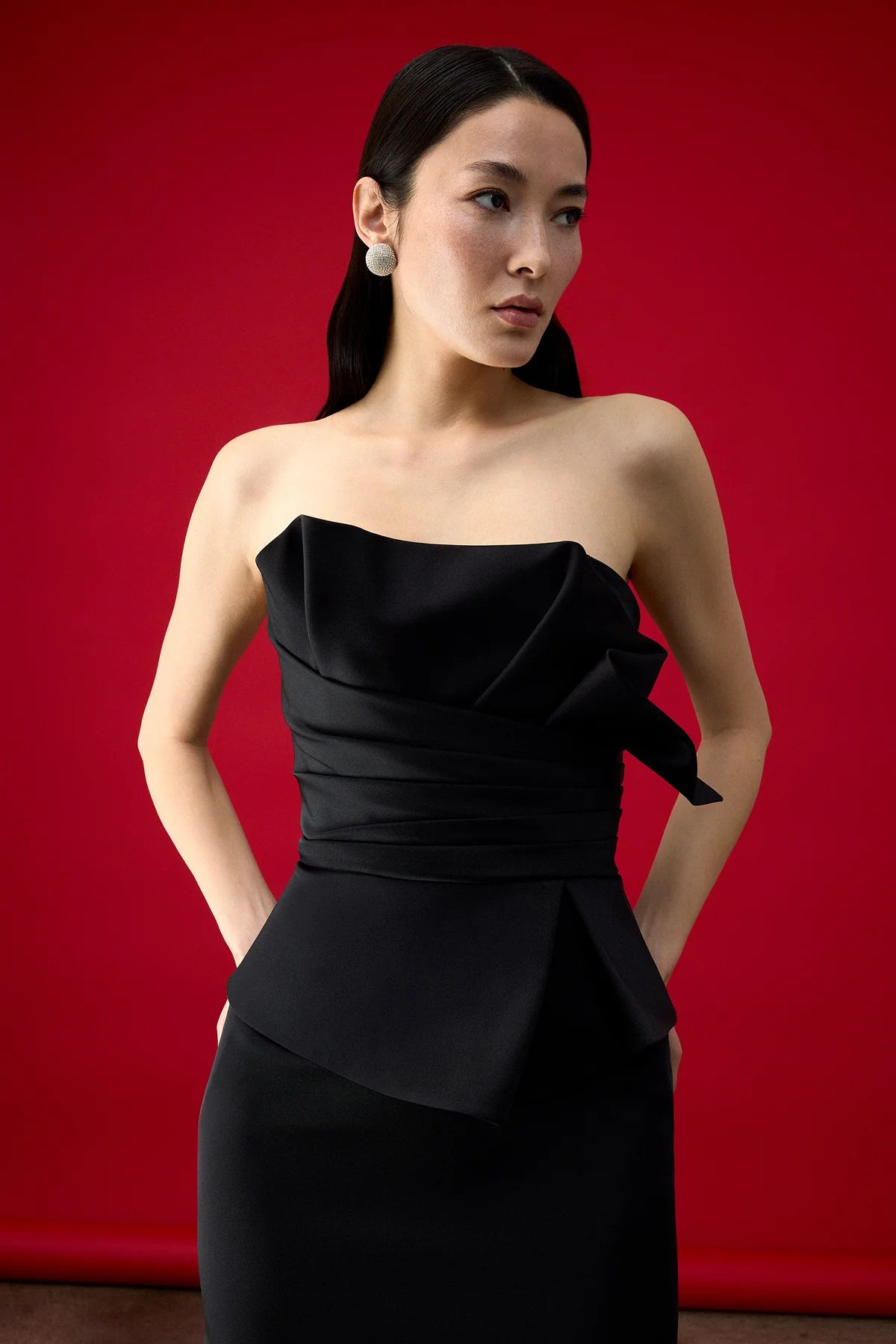 STRAPLEZ DRAPELİ BEL DETAYLI UZUN ABİYE ELBİSE 2251