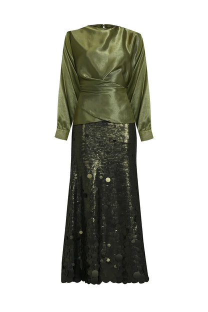 Sequin Embellished Skirt Set with Draped Satin Blouse 2242
