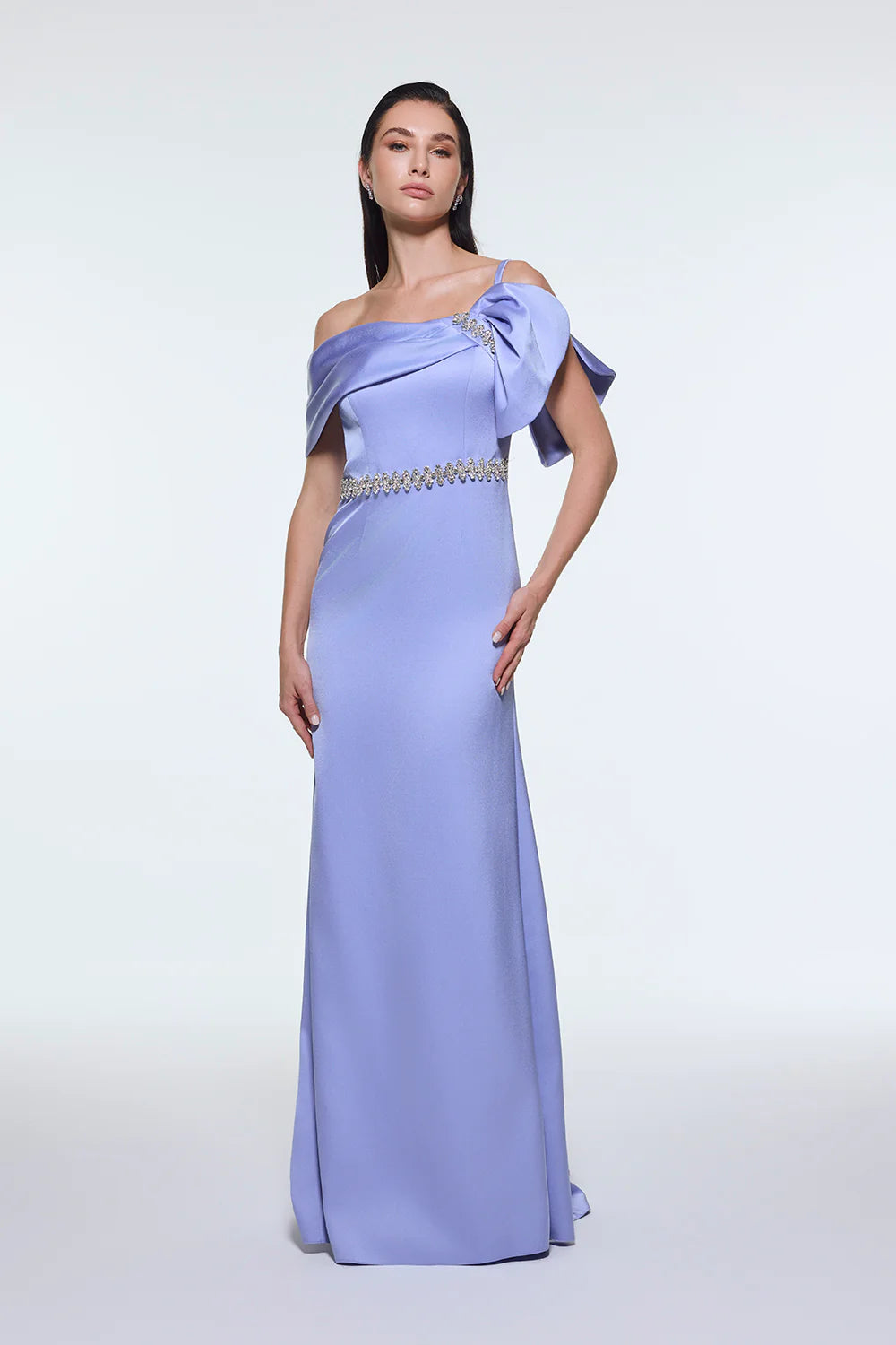 TAŞ İŞLEMELİ KEMER DETAYLI UZUN ABİYE ELBİSE - 9294C