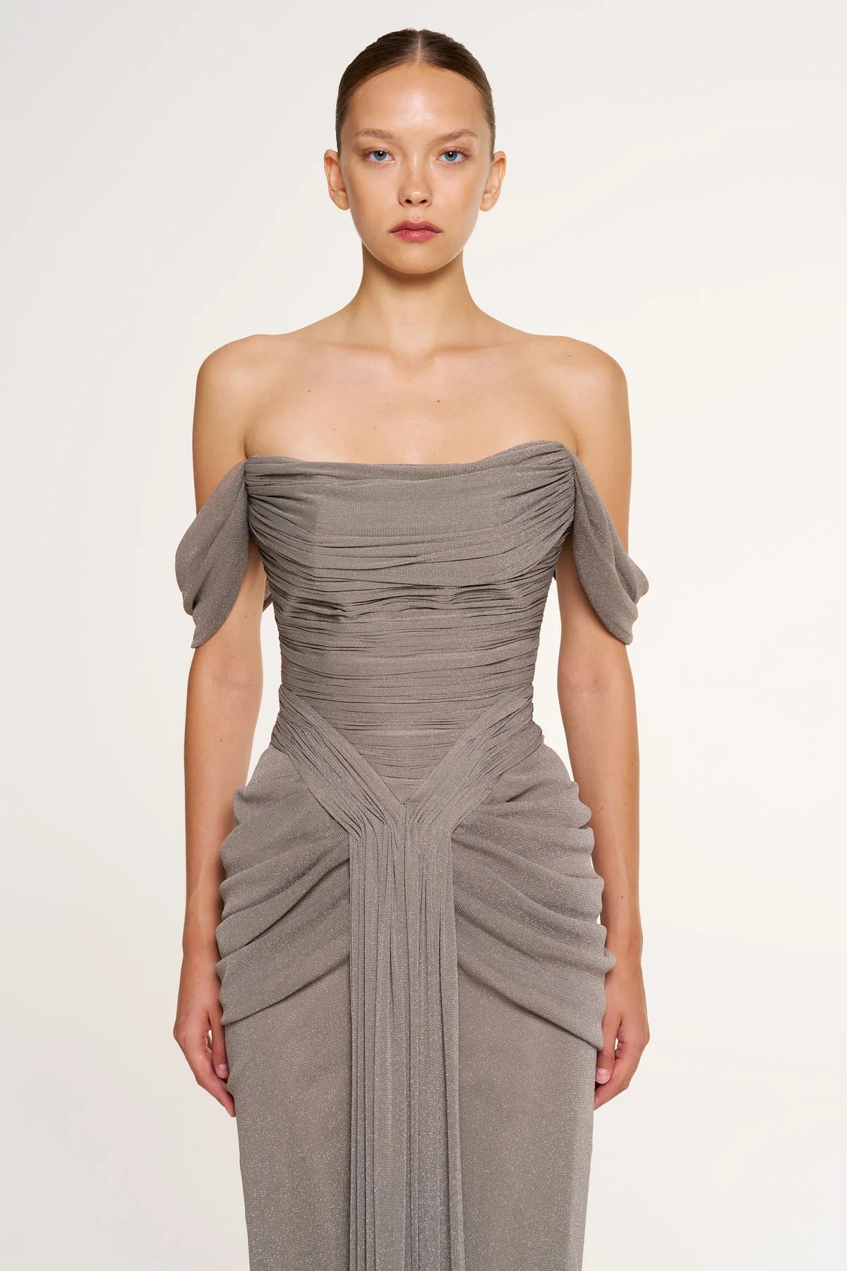 Shimmer Draped Off-Shoulder Evening Dress – 1387