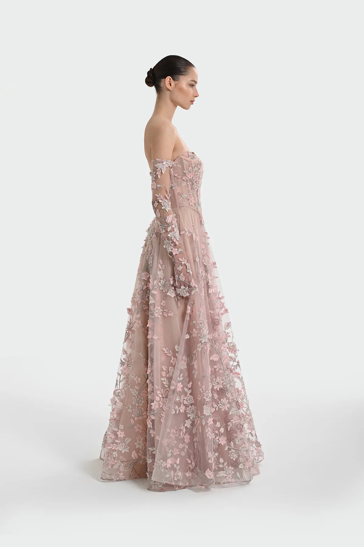 ÜÇ BOYUT ÇİÇEKLİ ELDİVENLİ ABİYE ELBİSE 1309