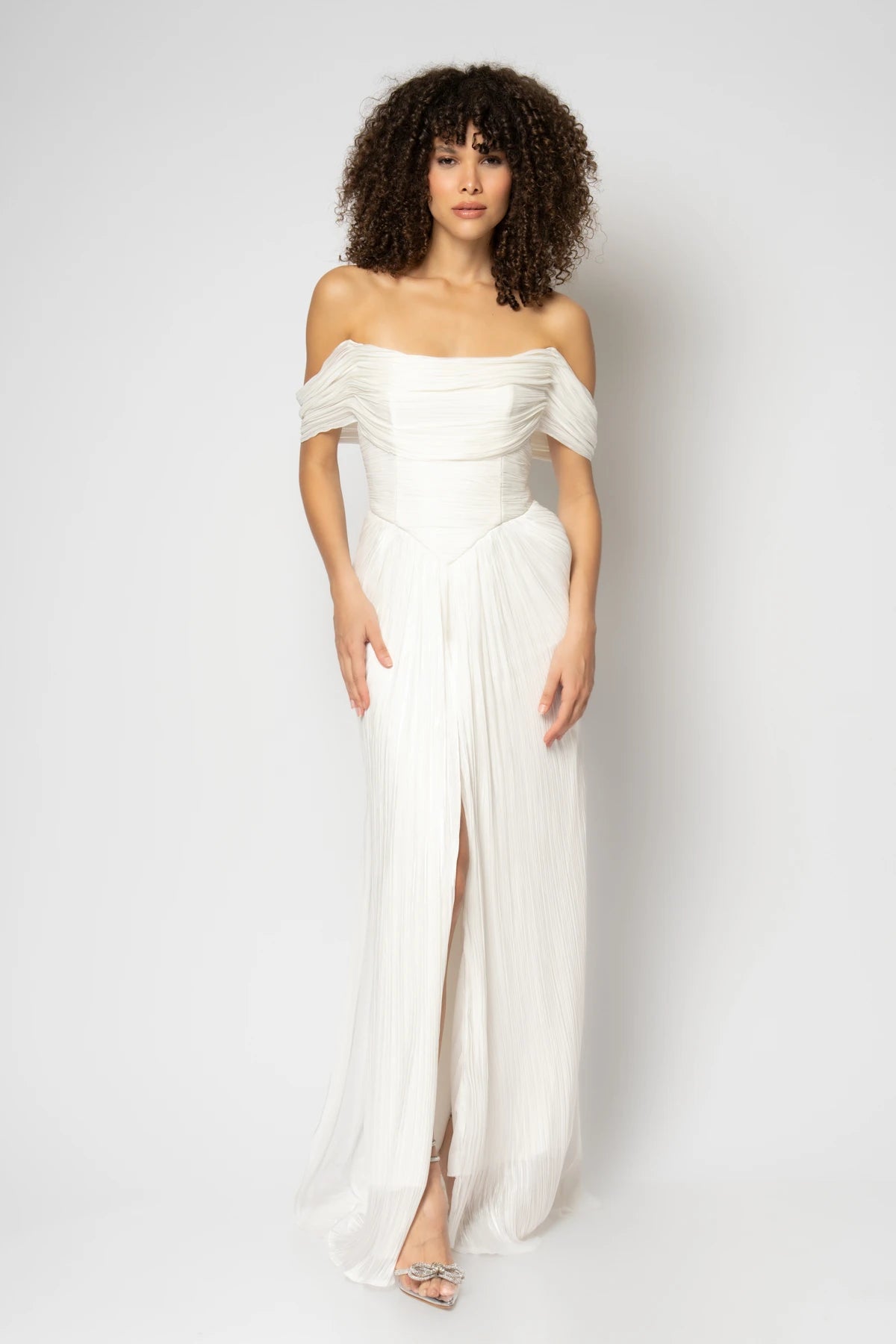 Robası enine pileli straplez ince organze abiye elbise 2205