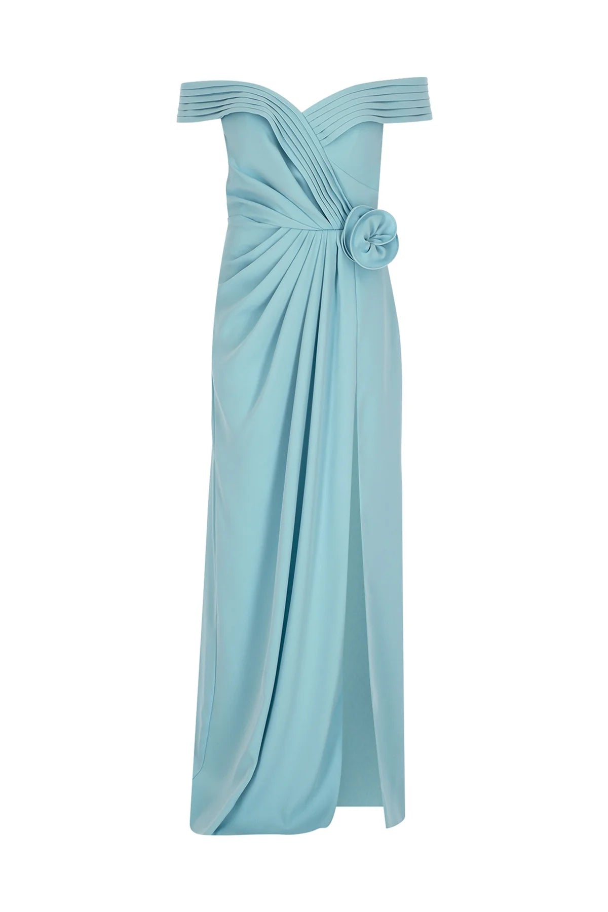 GÜL DETAYLI DRAPELİ YIRTMAÇLI UZUN ABİYE ELBİSE