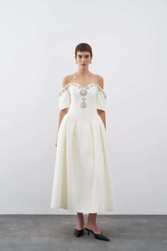 TAŞ İŞLEMELİ DÜŞÜK OMUZ PİLELİ MİDİ ABİYE ELBİSE 2259