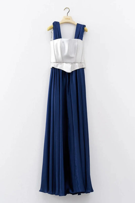 ASKILI METALİK KORSAJLI UZUN ABİYE ELBİSE