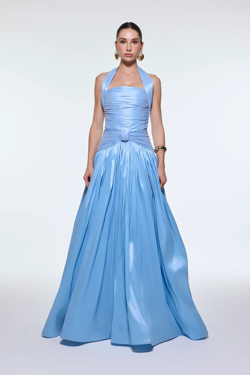 BOYUNDA ASKILI DRAPELİ TAFTA UZUN ABİYE ELBİSE - 9280C