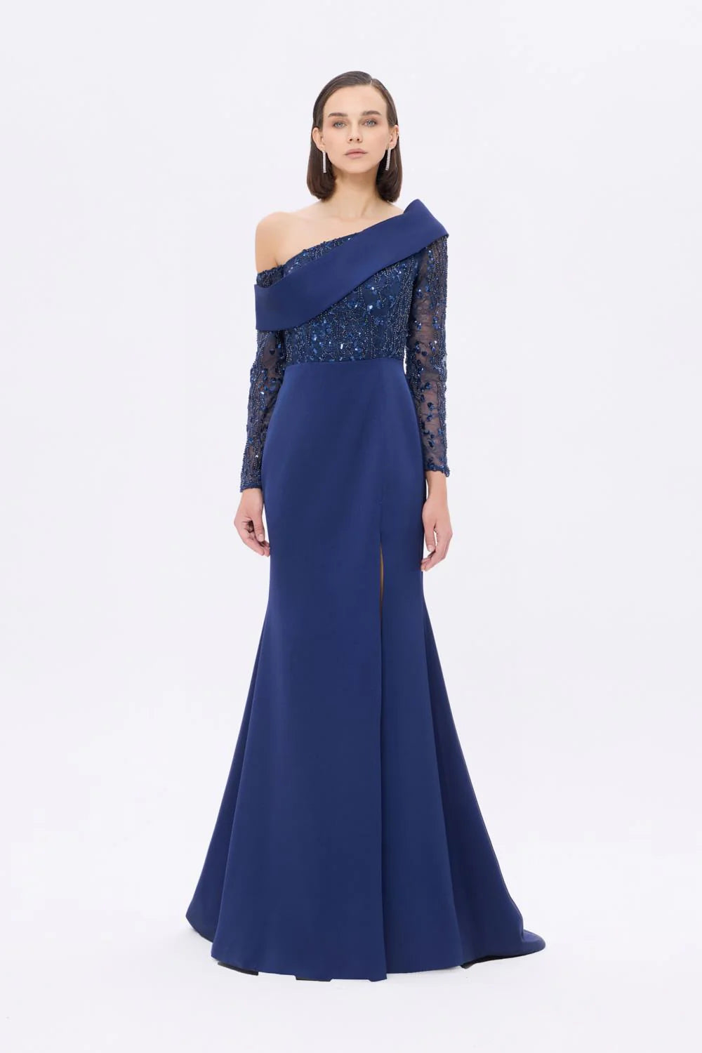 İŞLEME DETAYLI YIRTMAÇLI UZUN ABİYE ELBİSE - 9342C