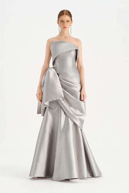 Strapless Draped Evening Gown with Bow Detail at Waist – 26085C
