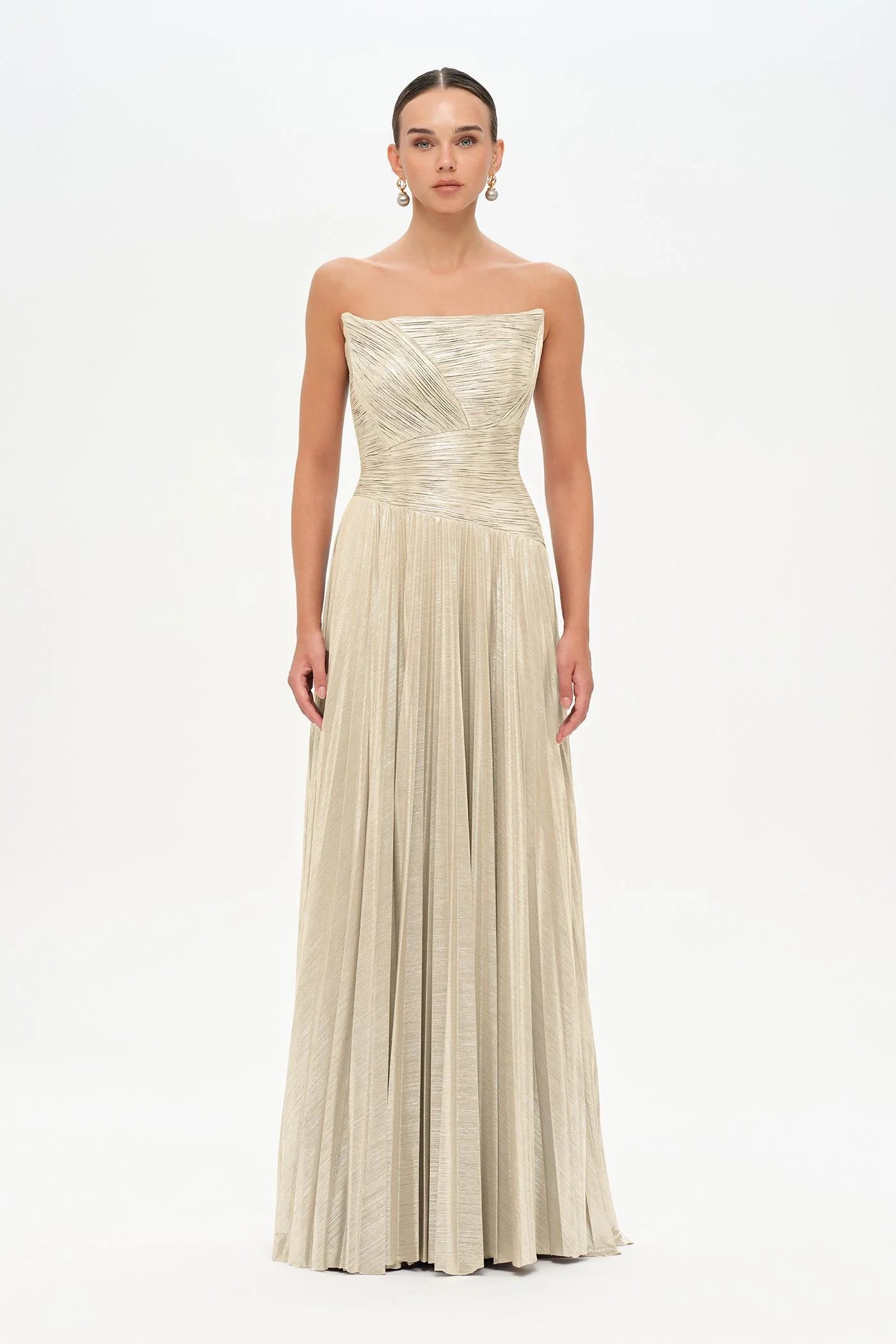 STRAPLEZ DRAPE VE PLİSE DETAYLI ŞIK ABİYE ELBİSE - 26078C