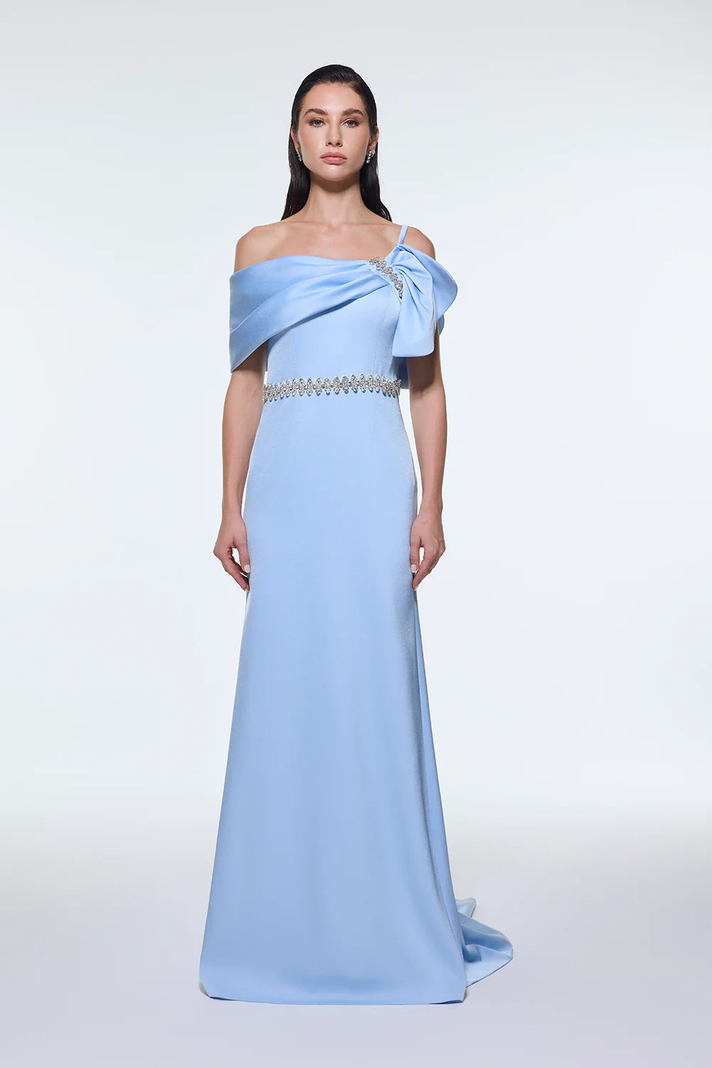 TAŞ İŞLEMELİ KEMER DETAYLI UZUN ABİYE ELBİSE - 9294C