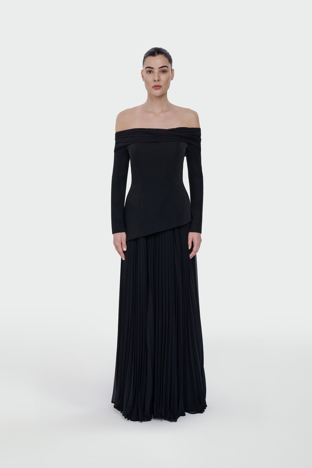 Off-Shoulder Pleated Maxi Dress 1308