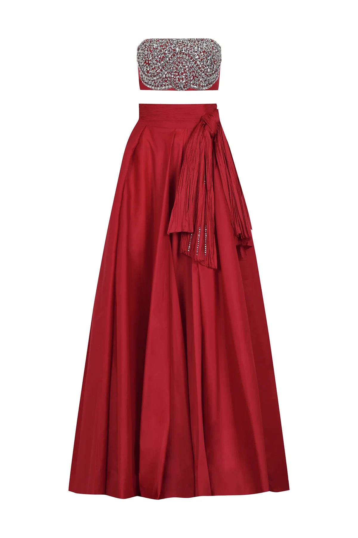 Straplez Taş İşlemeli Crop Yüksek Bel Etek Takım