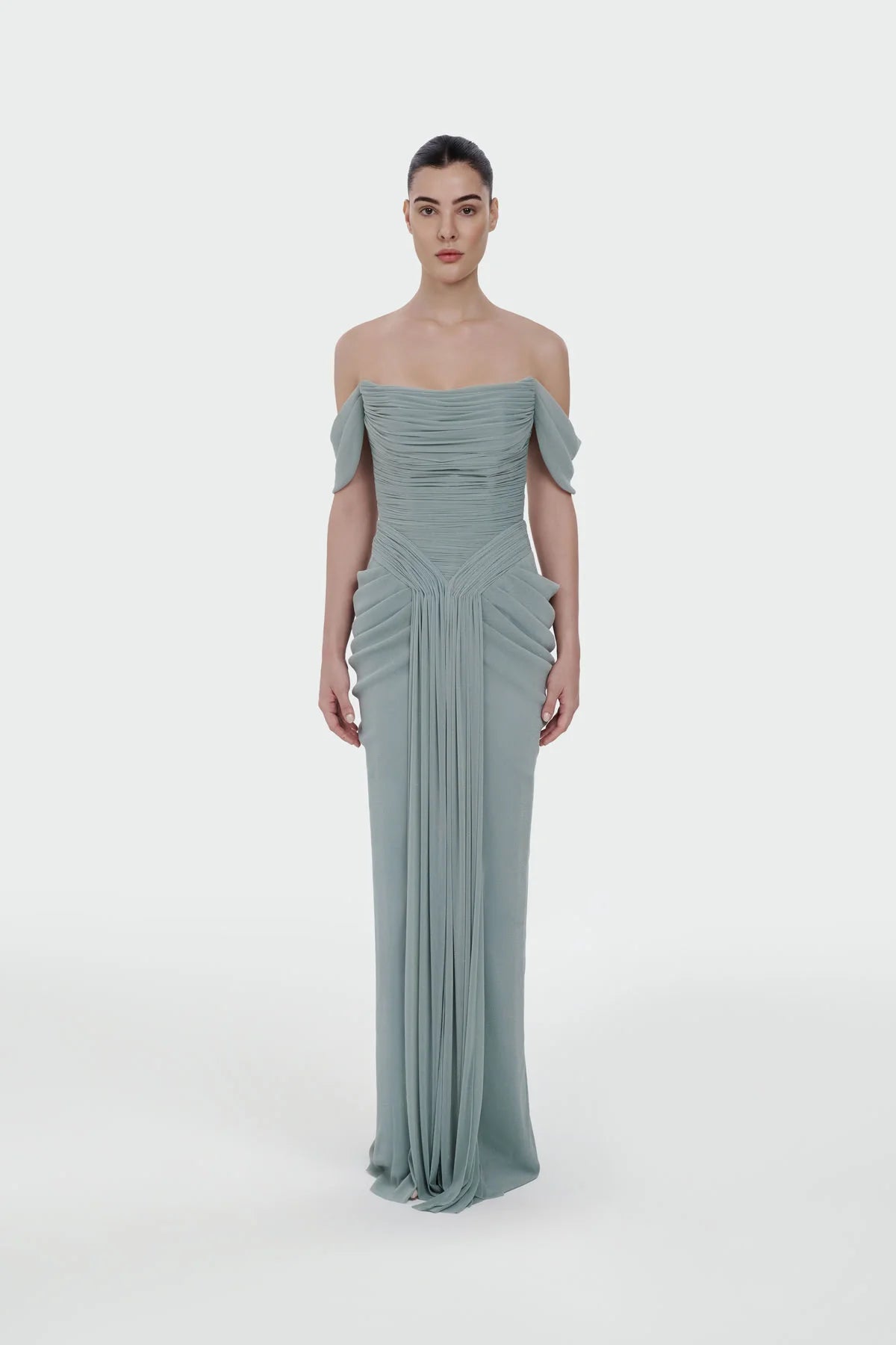 Shimmer Draped Off-Shoulder Evening Dress – 1387