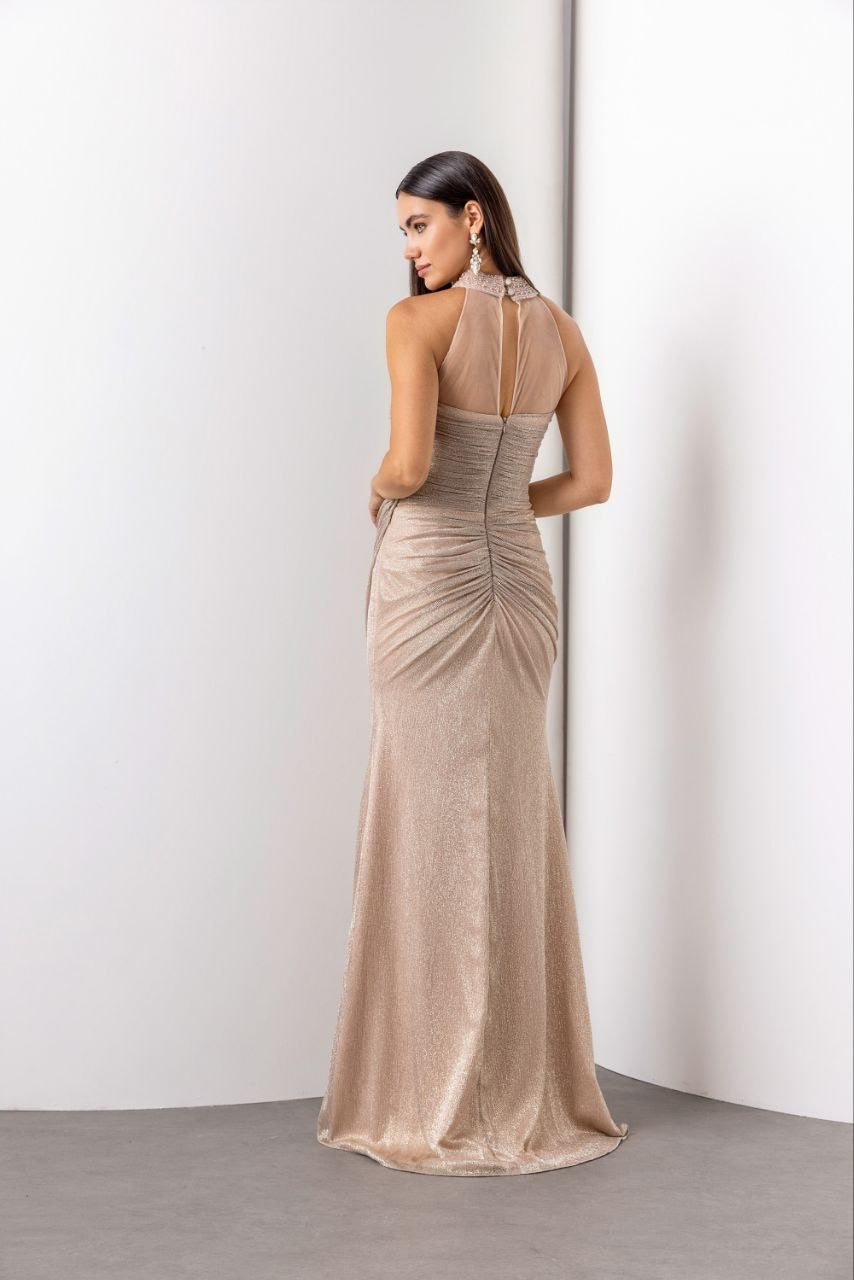 Pearl-Embellished Shimmer Evening Gown with Side Slit