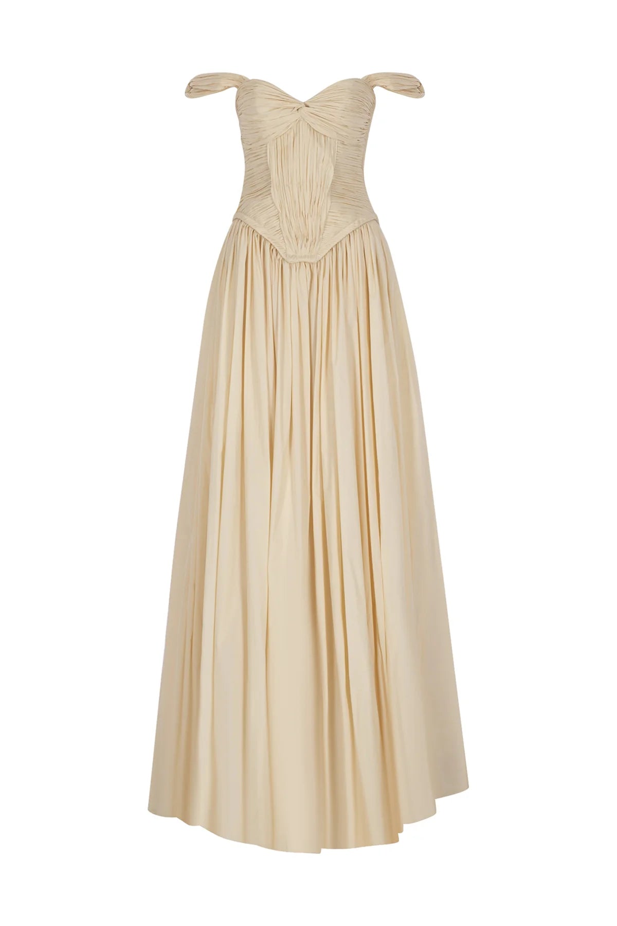 OMUZLARI AÇIK DRAPELİ KABARIK UZUN ABİYE ELBİSE