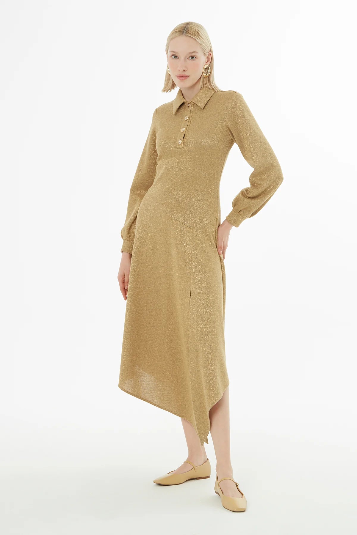 Uzun Kollu Midi Boy Elbise